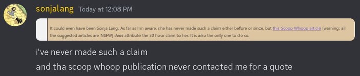 "i've never made such a claim and tha scoop whoop publication never contacted me for a quote" - Sonja on Discord August 29th 2024, 12:08PM CDT